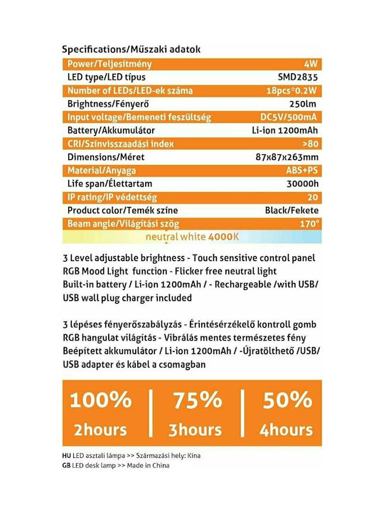 Avide ABLDLRGB-MOOD-4W-BL Επαναφορτιζόμενο LED Φωτιστικό Γραφείου Αναδιπλούμενο σε Μαύρο Χρώμα