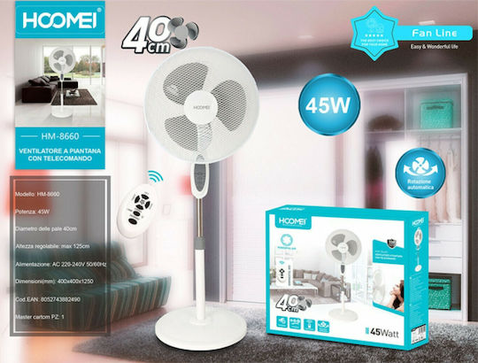 Hoomei Ανεμιστήρας Ορθοστάτης 45W Διαμέτρου 40cm με Τηλεχειριστήριο Λευκός