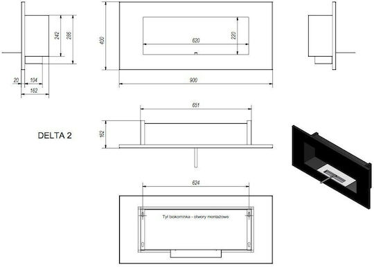 Kratki Delta 2 Tuv Επιτοίχιο Τζάκι Βιοαιθανόλης Εσωτερικού Χώρου Μαύρο 90x14.2x40cm