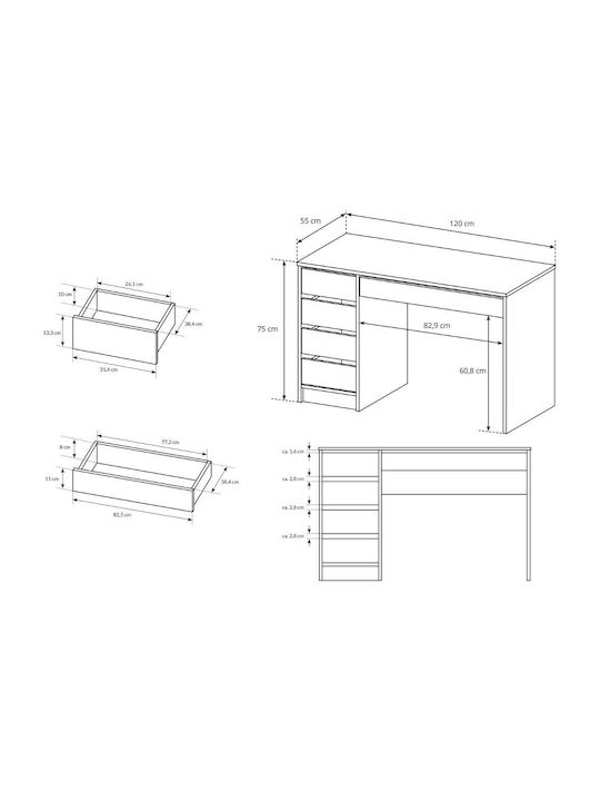 Τουαλέτα Κρεβατοκάμαρας Courtney Ξύλινη Λευκή 120x55x75εκ.
