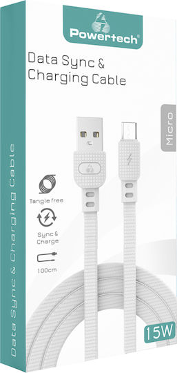 Powertech Armor Braided / Flat USB 2.0 spre micro USB Cablu Alb 1m (PTR-0098) 1buc