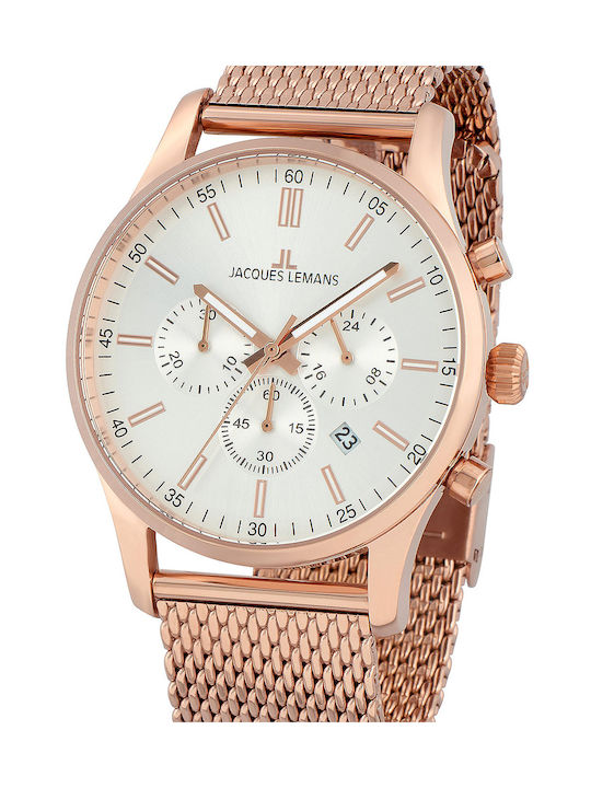 Jacques Lemans London chrono Watch Chronograph Battery with Pink Gold Metal Bracelet