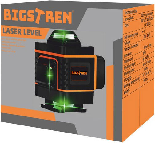 Bigstren 18763 Αυτορυθμιζόμενο Γραμμικό Αλφάδι Laser Πράσινης Δέσμης με Εύρος Εργασίας 25m