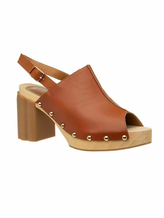 Favela Leather Women's Sandals Tabac Brown with Chunky High Heel