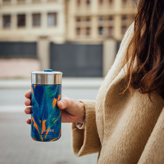 Quokka Tumblers Glass Thermos Stainless Steel BPA Free 400ml Blue Jungle with Straw and Handle