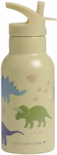 A Little Lovely Company Dinosaurs Kids Water Bottle Thermos Dinosaur Stainless Steel with Straw Non Spill Beige 350ml