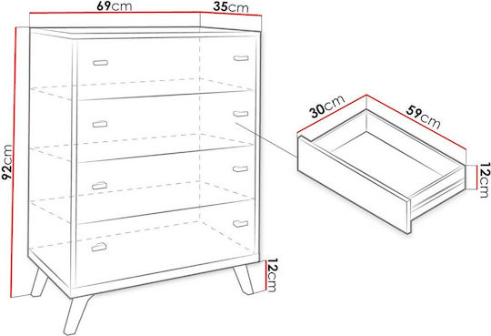 Kommode Schlafzimmer Holz Falco III mit 4 Schubladen Weiß 69x35x92cm