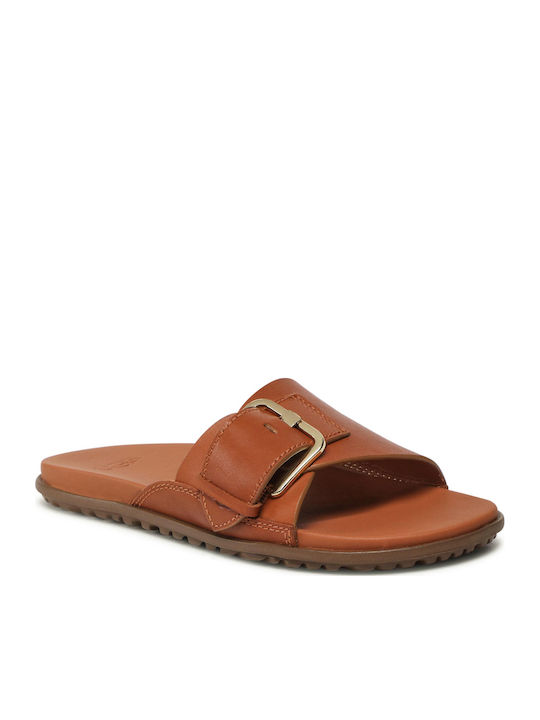 Buckle Leather Women's Flat Sandals in Tabac Brown Color
