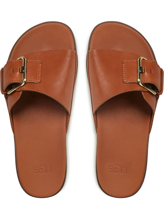 Buckle Leather Women's Flat Sandals in Tabac Brown Color