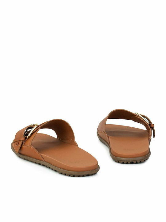 Buckle Leather Women's Flat Sandals in Tabac Brown Color