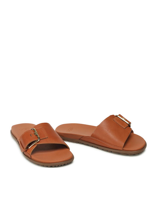 Buckle Leather Women's Flat Sandals in Tabac Brown Color