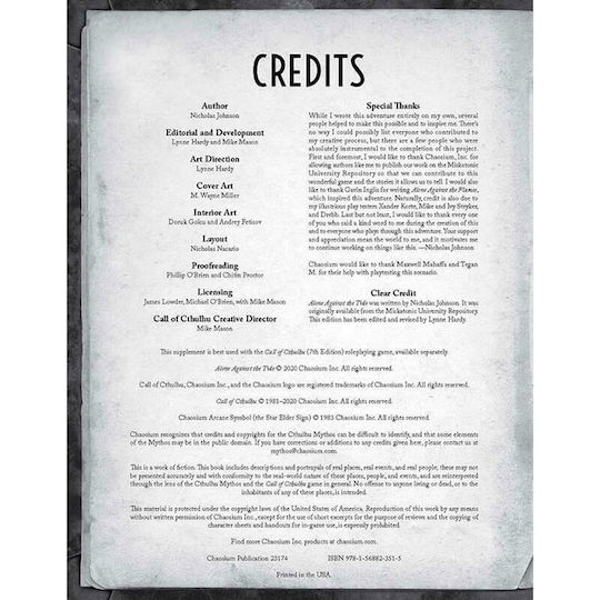 Chaosium Inc. Call of Cthulhu Alone Against the Tide CHA23174