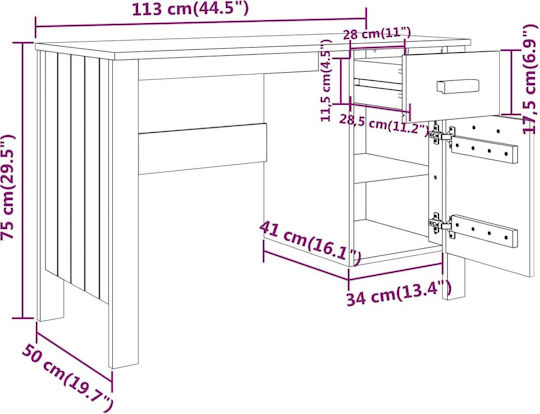 vidaXL Schreibtisch Hamar aus Massivholz Hellgrau 113x50x75cm