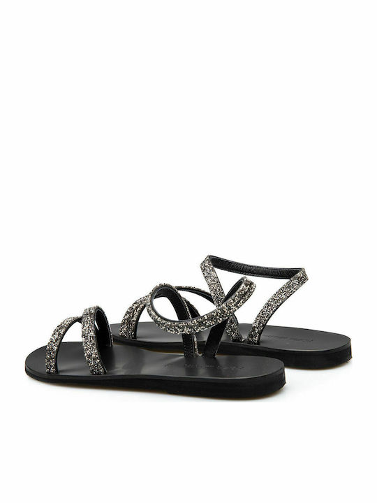 Leder Flache Sandalen für Damen in Schwarz Farbe