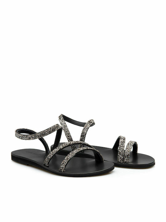 Leder Flache Sandalen für Damen in Schwarz Farbe