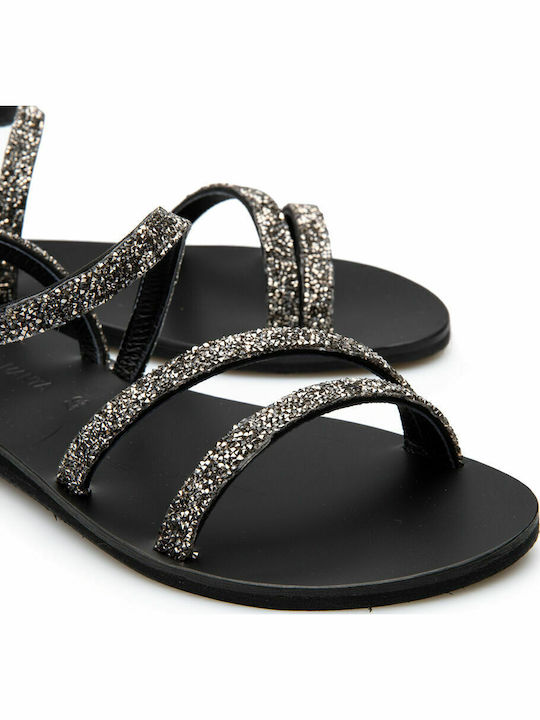 Leder Flache Sandalen für Damen in Schwarz Farbe