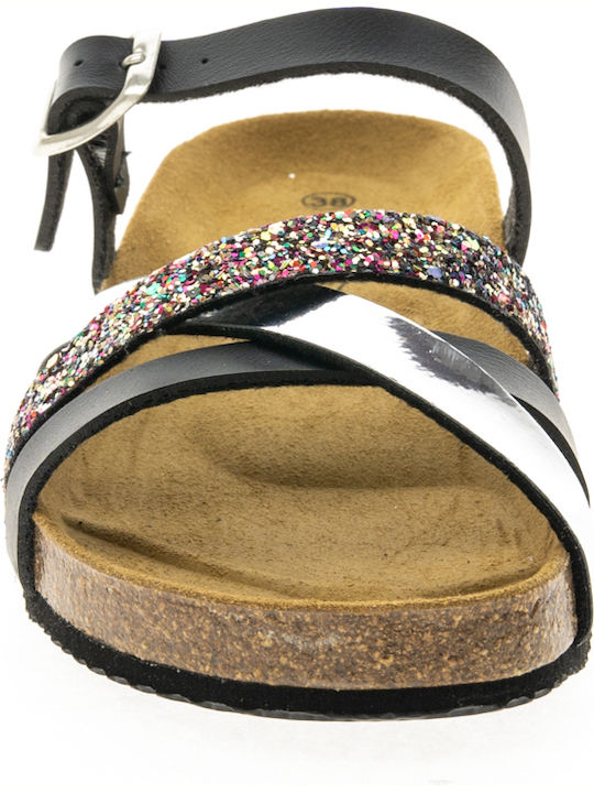 Leder Flache Damen Sandalen  Silber Schwarze