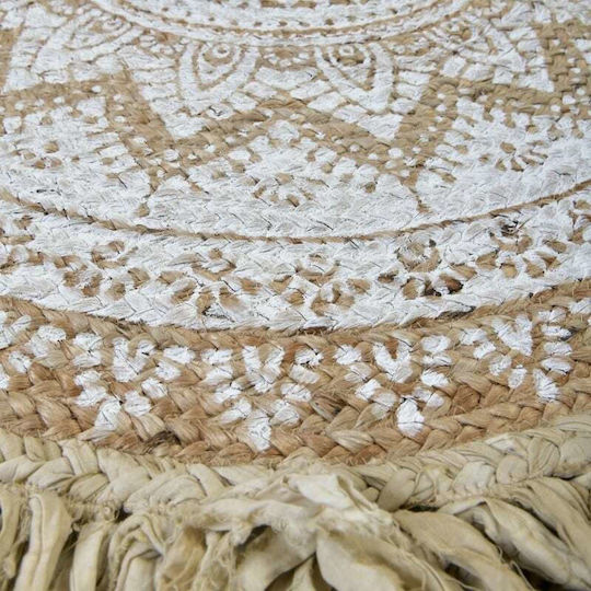 Inart Chindi Rug Round Cotton with Fringes Natural / White