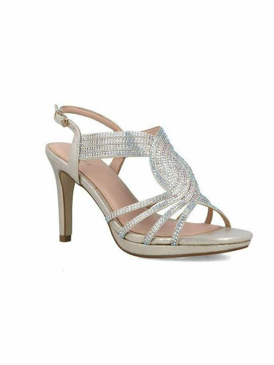 Menbur Women's Sandals with Strass Gold with Thin High Heel