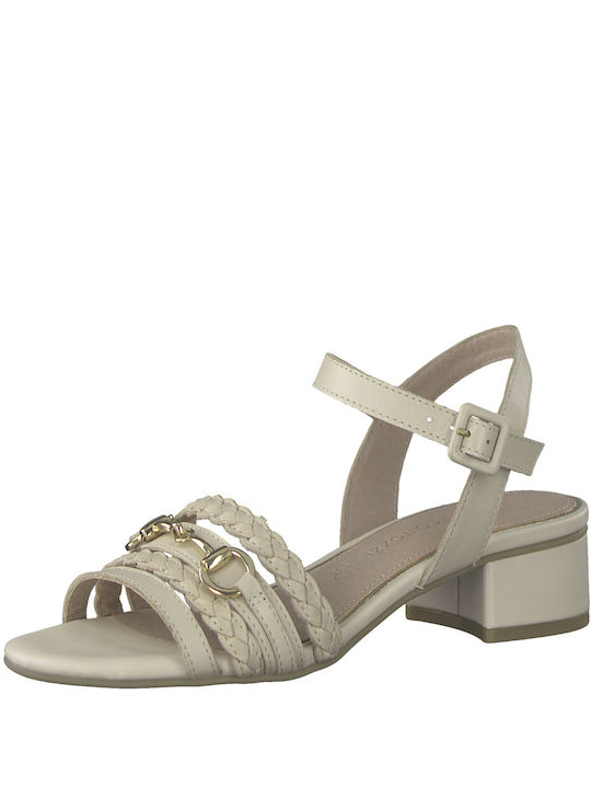 Marco Tozzi Anatomic Leather Women's Sandals Beige with Chunky Low Heel