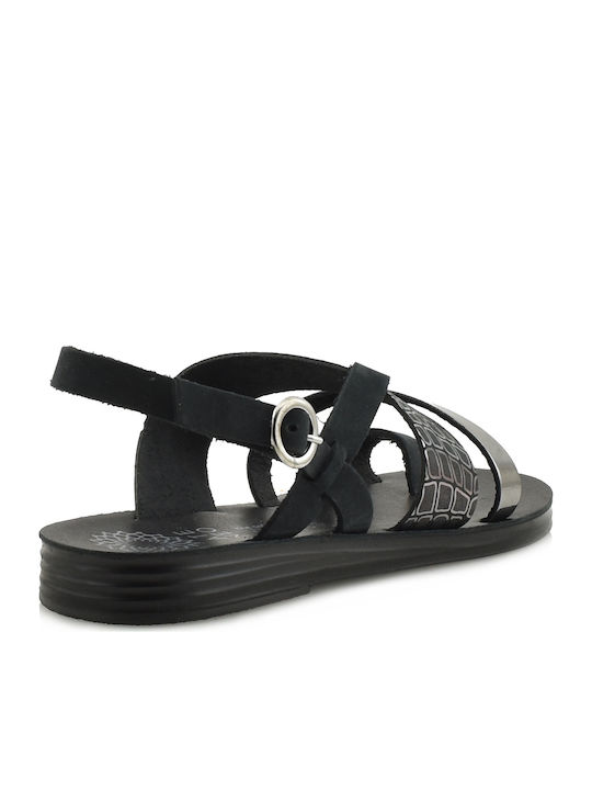 Leather Women's Flat Sandals in Black Color