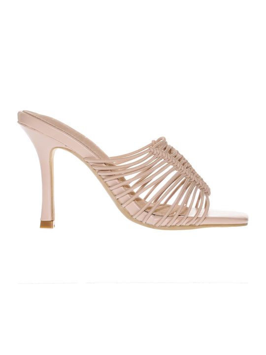 Leather Mules with Thin High Heel in Beige Color