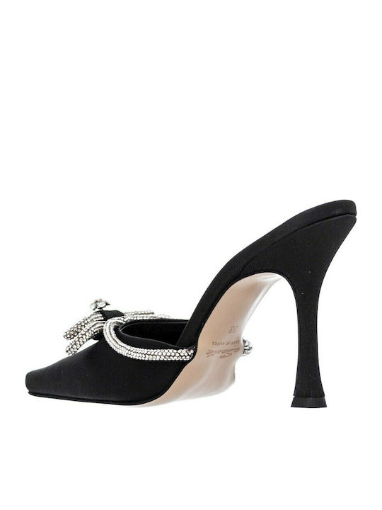 Satin Mules with Thin High Heel in Black Color