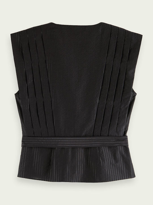 Women's Summer Blouse Cotton Sleeveless with V Neckline Black