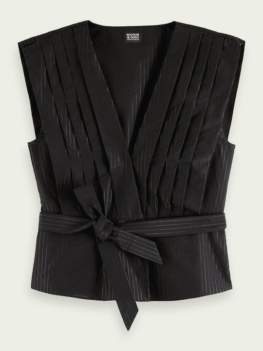 Women's Summer Blouse Cotton Sleeveless with V Neckline Black