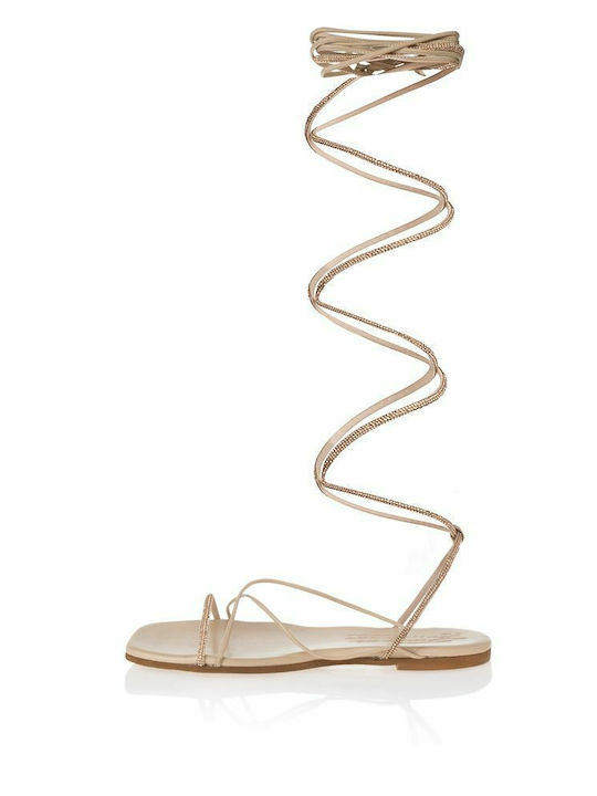 Leder Flache Sandalen Für Damen Beige