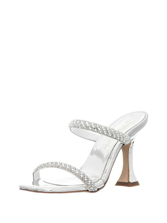 Leather Women's Sandals with Thin High Heel In Silver Colour