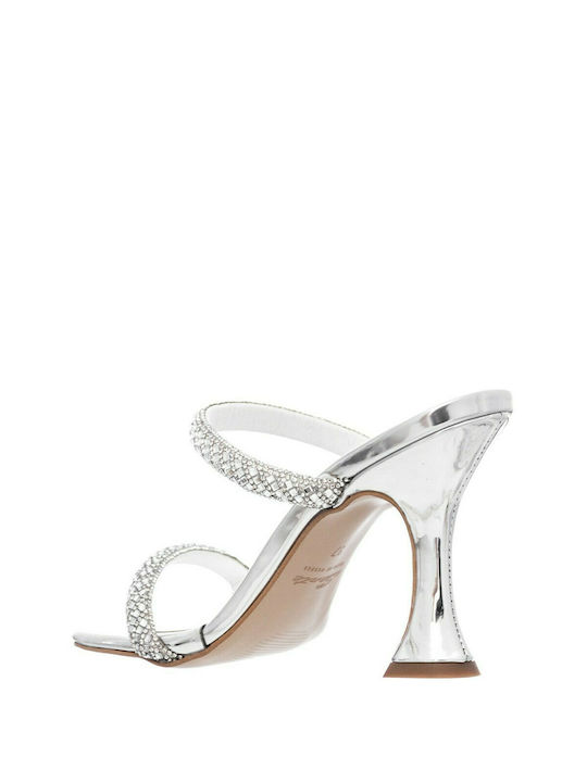 Leather Women's Sandals with Thin High Heel In Silver Colour