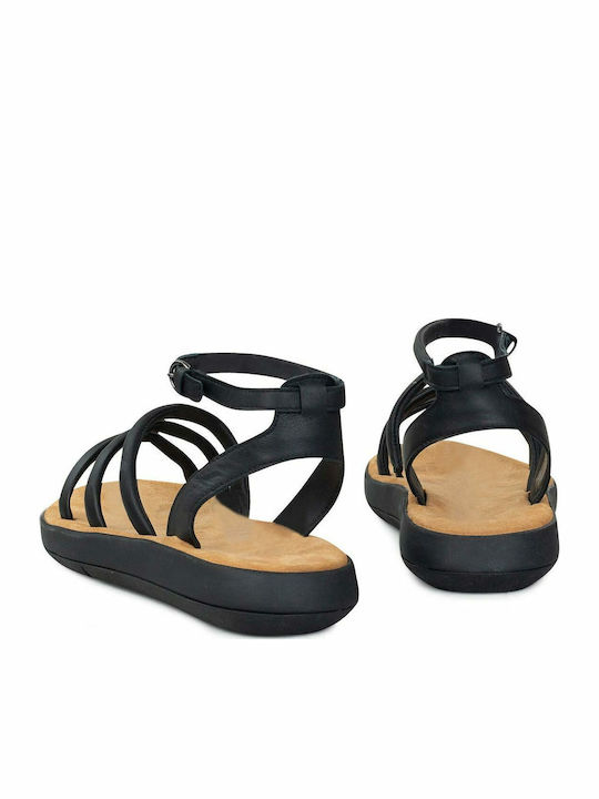 Jemsa Leather Women's Flat Sandals with Strap in Black Color