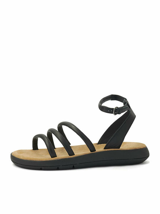 Jemsa Leather Women's Flat Sandals with Strap in Black Color