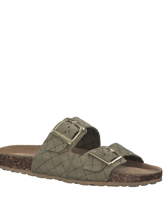 Leder Flache Sandalen für Damen in Khaki Farbe