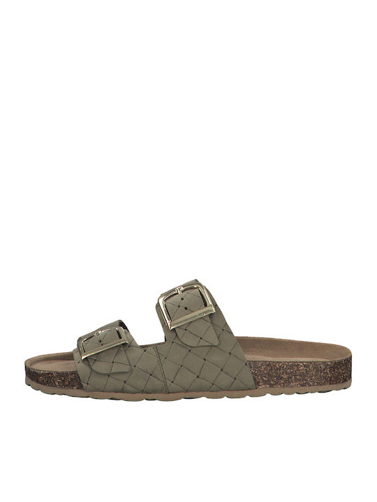 Leder Flache Sandalen für Damen in Khaki Farbe