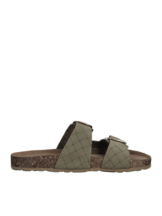 Leder Flache Sandalen für Damen in Khaki Farbe