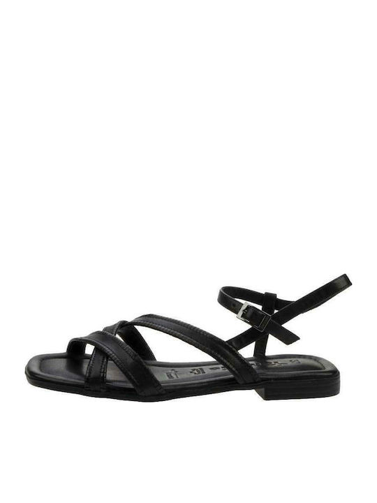 Leather Women's Flat Sandals with Strap in Black Color