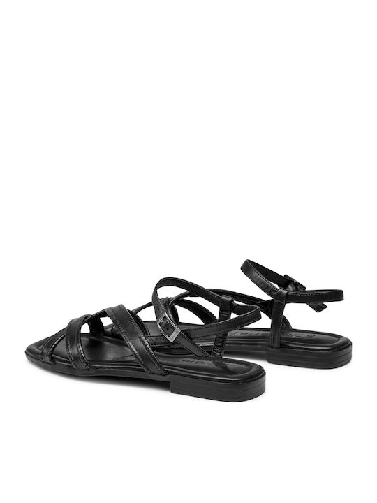 Leather Women's Flat Sandals with Strap in Black Color