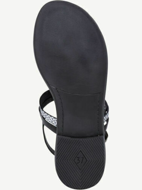 Leather Women's Flat Sandals with Strap in Black Color