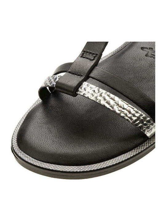 Leather Women's Flat Sandals with Strap in Black Color