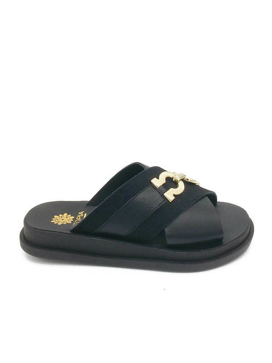 Leather Women's Flat Sandals Anatomic Flatforms in Black Color
