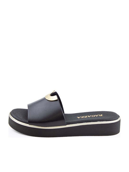 Leather Women's Flat Sandals Anatomic Flatforms in Black Color