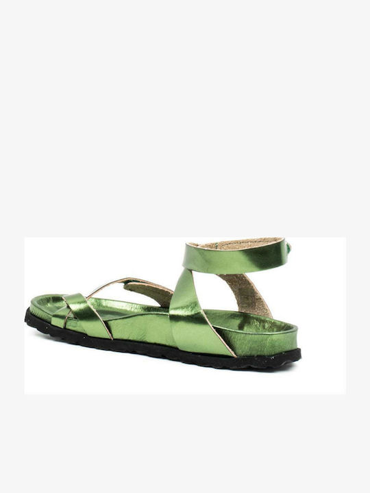 Majorca Met Leather Women's Flat Sandals in Green Color