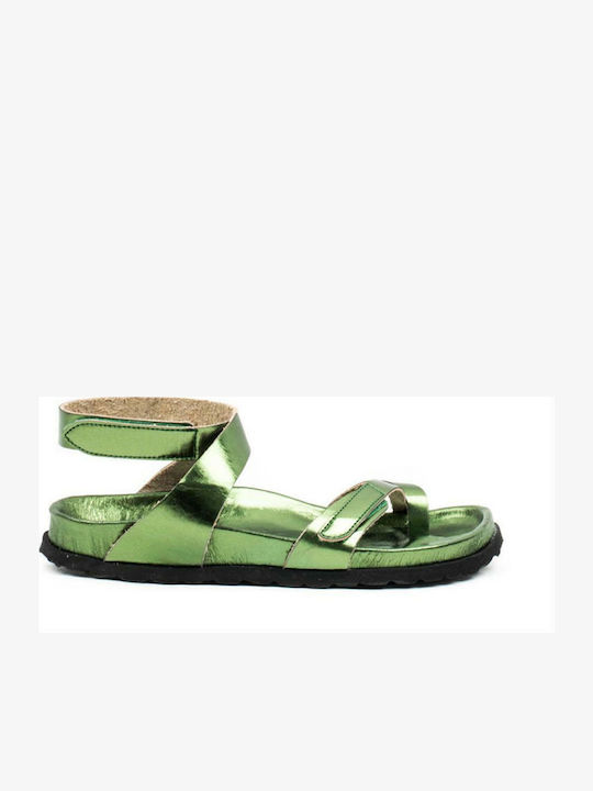 Majorca Met Leather Women's Flat Sandals in Green Color