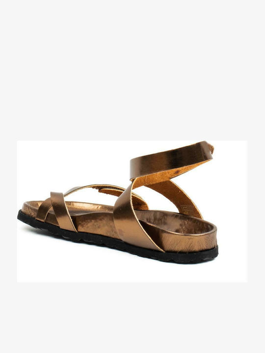 Majorca Met Leather Women's Flat Sandals with Strap in Brown Color
