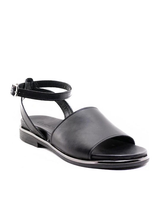 Leather Women's Flat Sandals Anatomic with Strap in Black Color