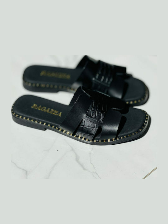 Leather Women's Flat Sandals in Black Color