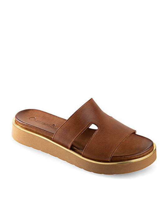 Leather Women's Flat Sandals in Tabac Brown Color
