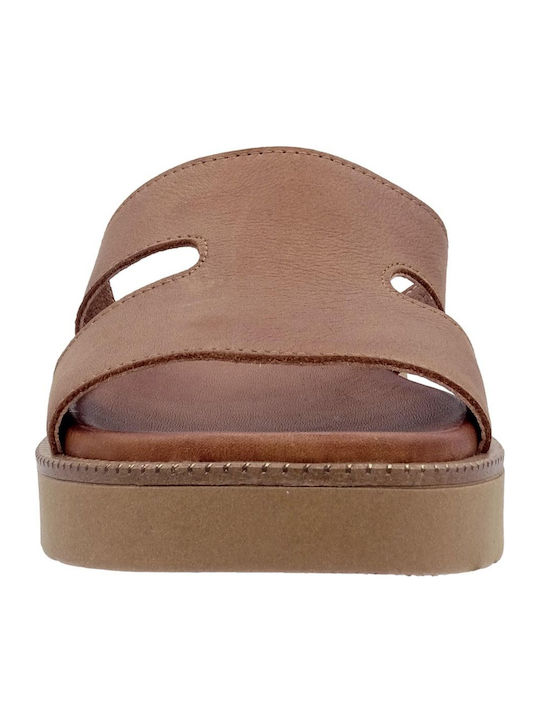Leather Women's Flat Sandals in Tabac Brown Color